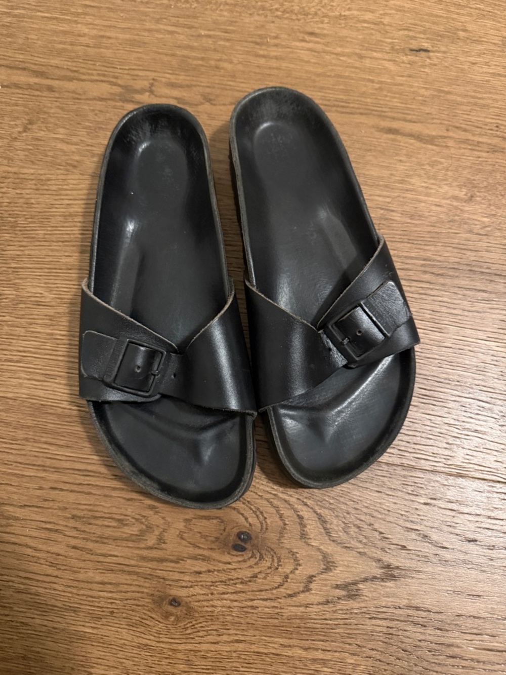 Black Leather Birkenstock Slide Sandals with Buckle